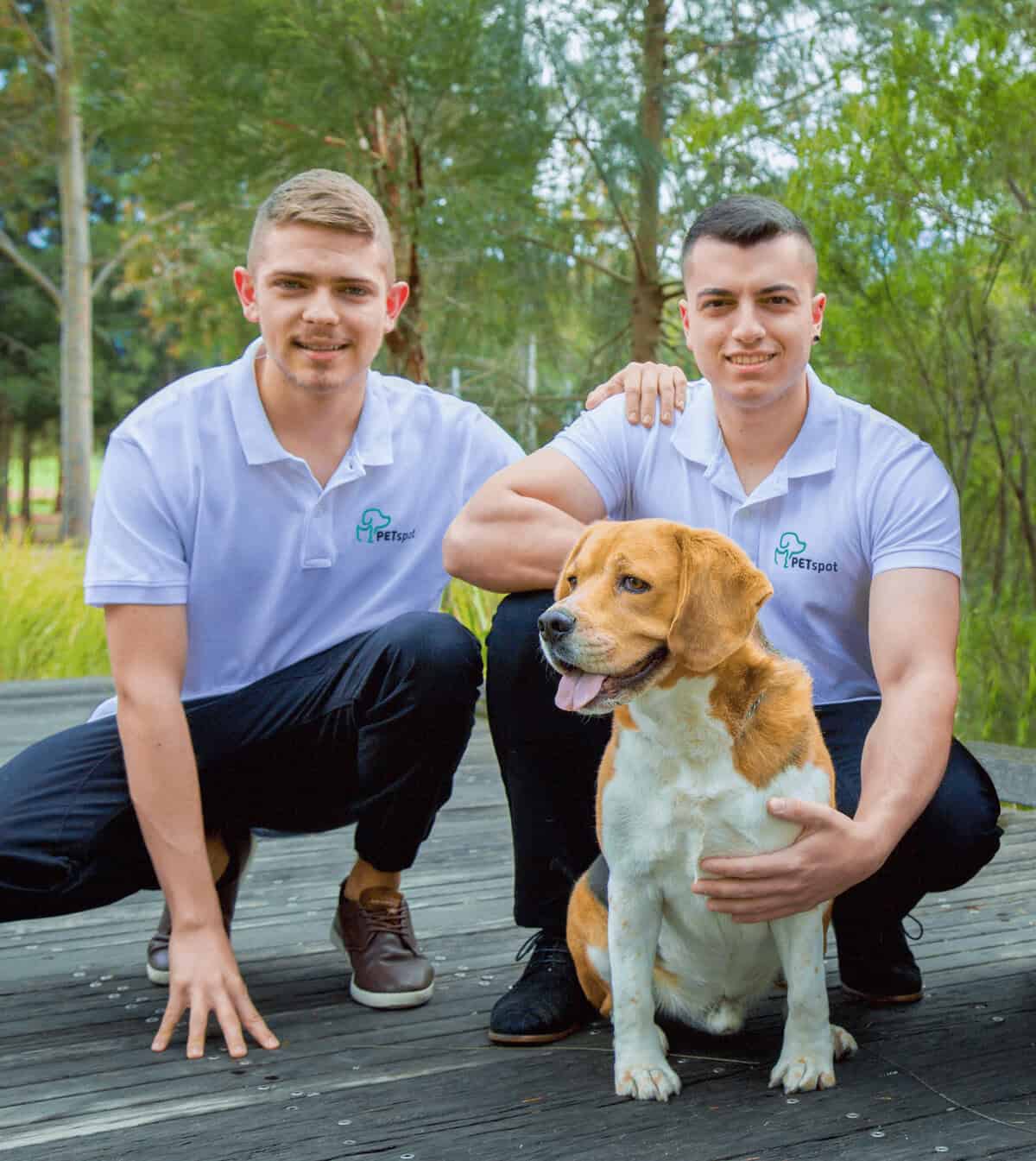 PETspot founders Nick and Joe with dog for online pet scams and warning signs of a puppy scam