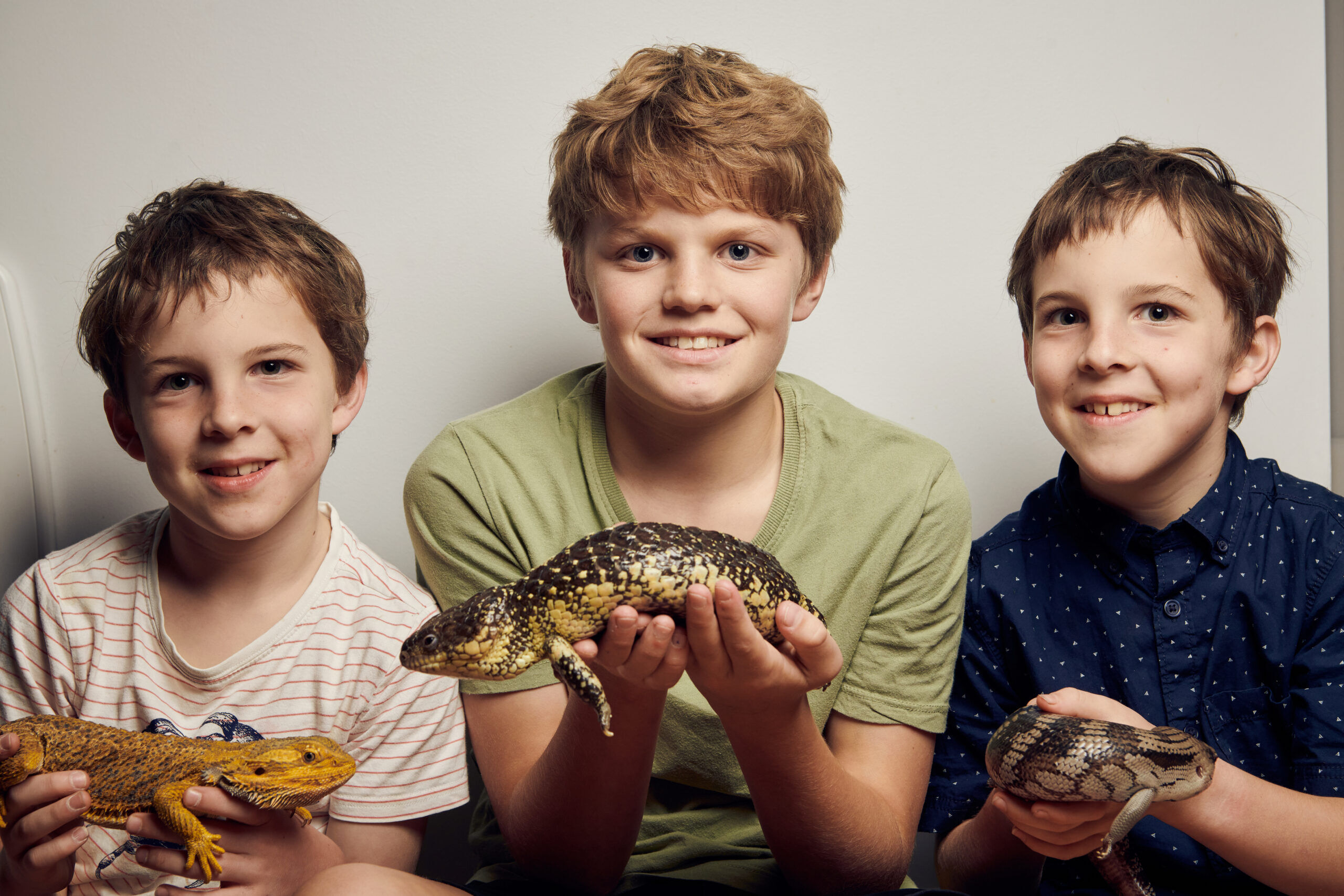 Three boys with pet lizards