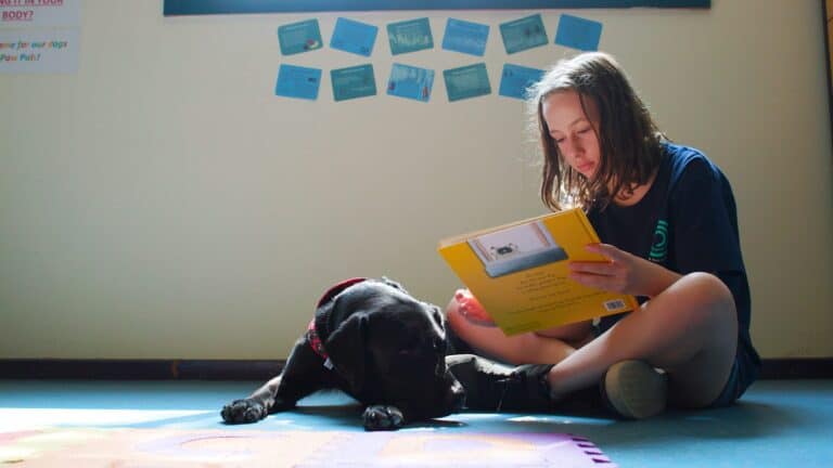 Paw Pals therapy dog dog Indie with Shiloh