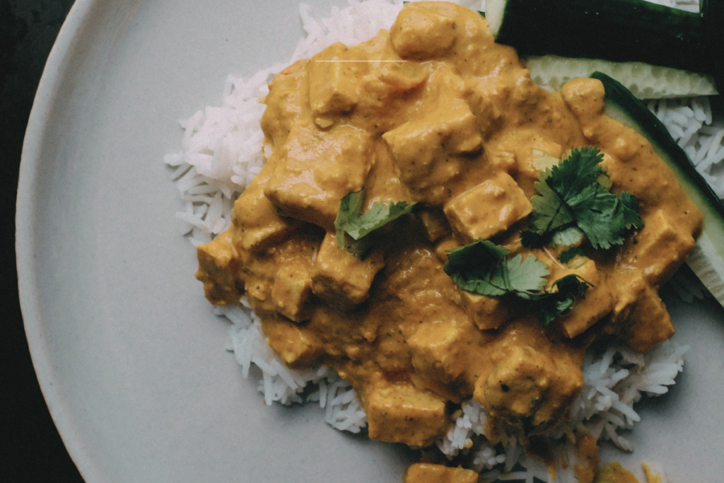 Tofu curry served on rice for the most popular vegetarian recipes