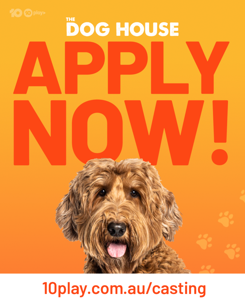 Ad with brown dog and orange background with bright red wording calling for people to sign up for The Dog House Australia and help shelter animals in need 