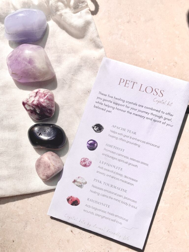 Crystals for pet loss in a kit to help owners emotionally as part of crystals for animals and natural therapies for pets