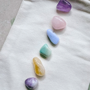 Flat lay image of 6 crystals for Animal Friendly Life products - healing crystals for dogs and crystals for pet anxiety