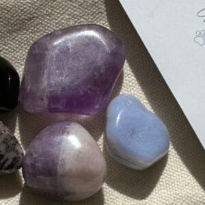5 crystals displayed with Animal Friendly Life product card for healing crystal its for pets