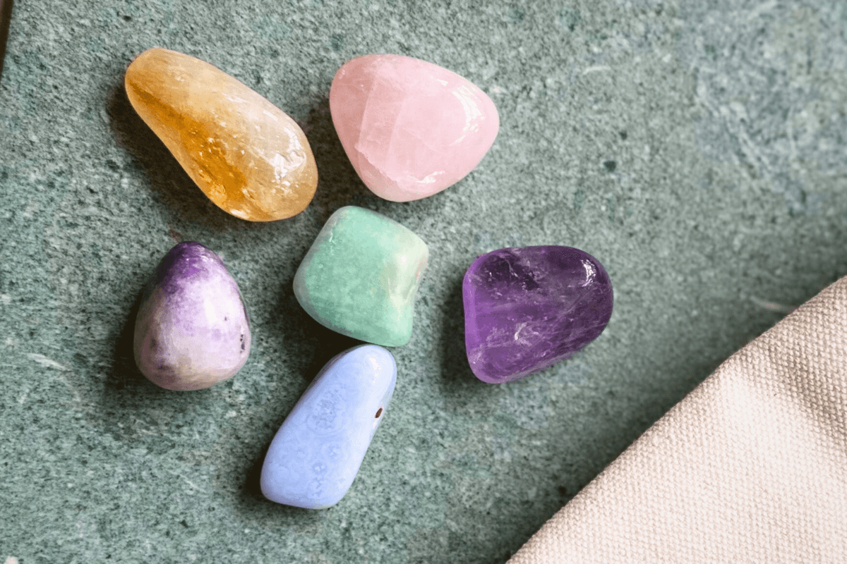 Flat lay of 6 crystals for healing crystals for dogs and pet anxiety