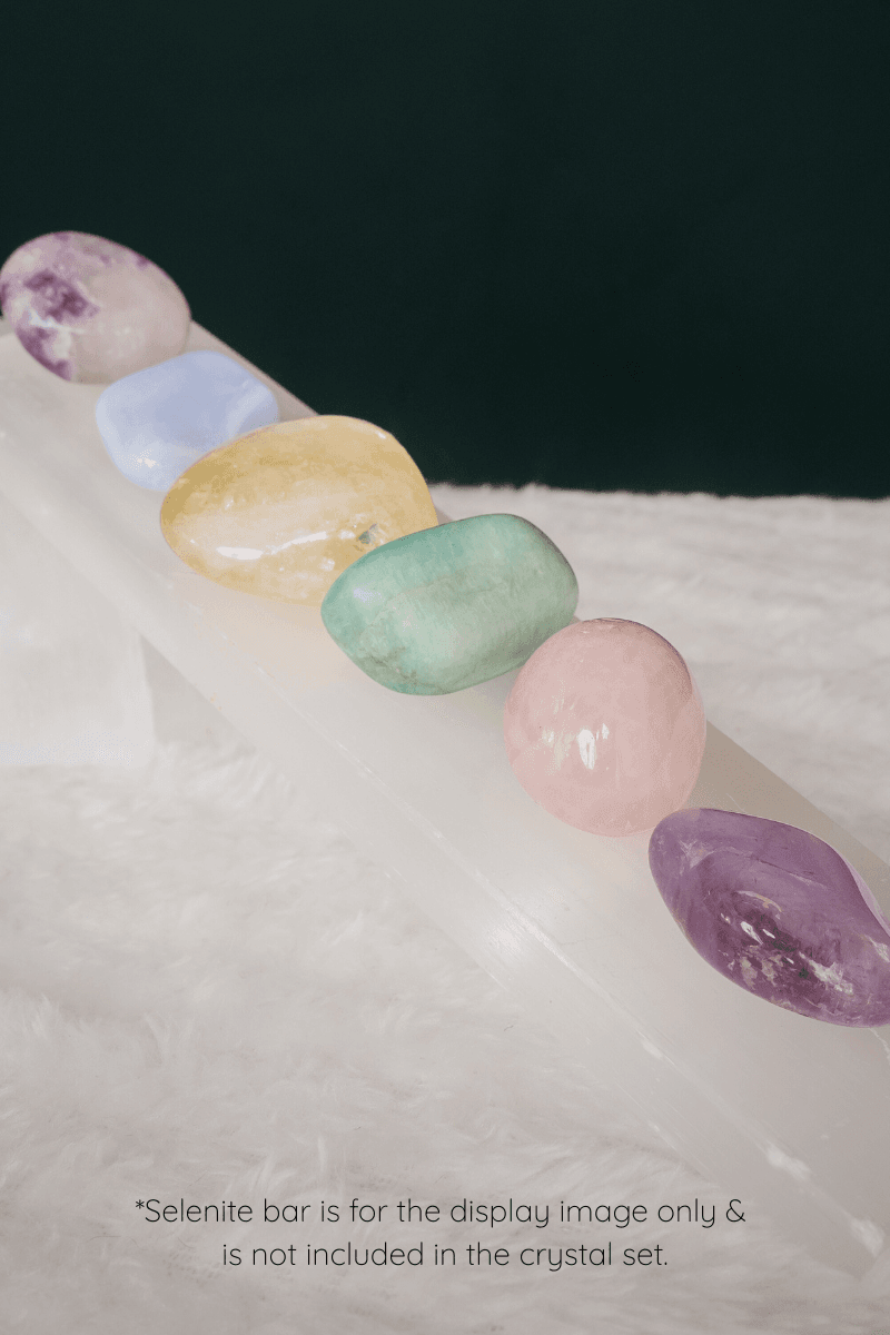 Flat lay of 6 crystals for healing crystals for dogs and pet anxiety